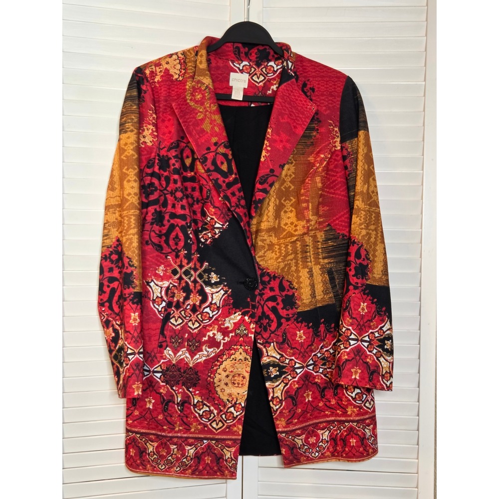 Chico's Patchwork Tapestry Blazer Size 1 Red Gold Paisley Damask Longline Jacket